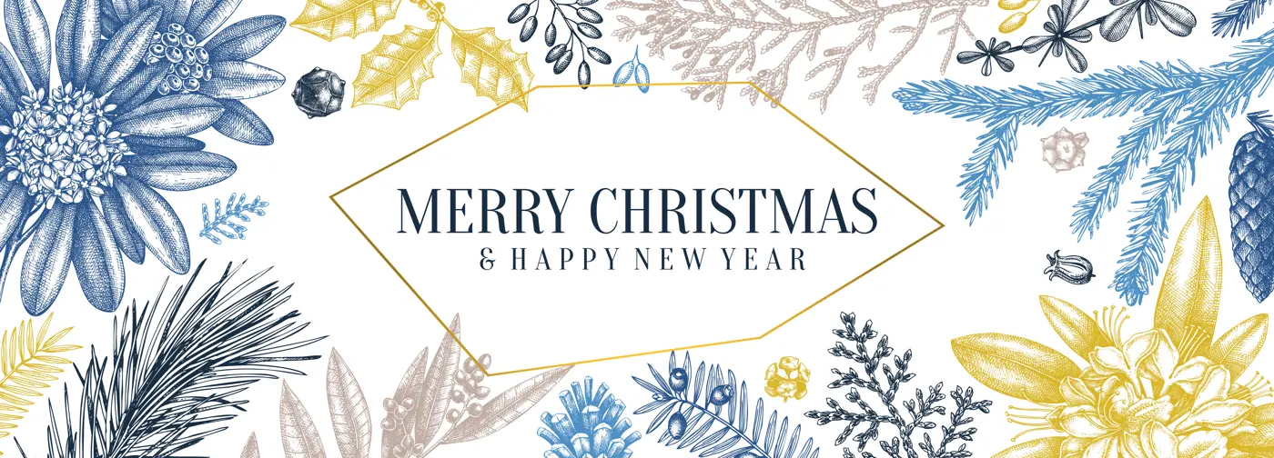 Christmas banner design in color. Vector frame with hand sketched winter flowers, evergreen plants and conifers. Vintage background with botanical elements. Engraved style vintage winter illustration. Illustration